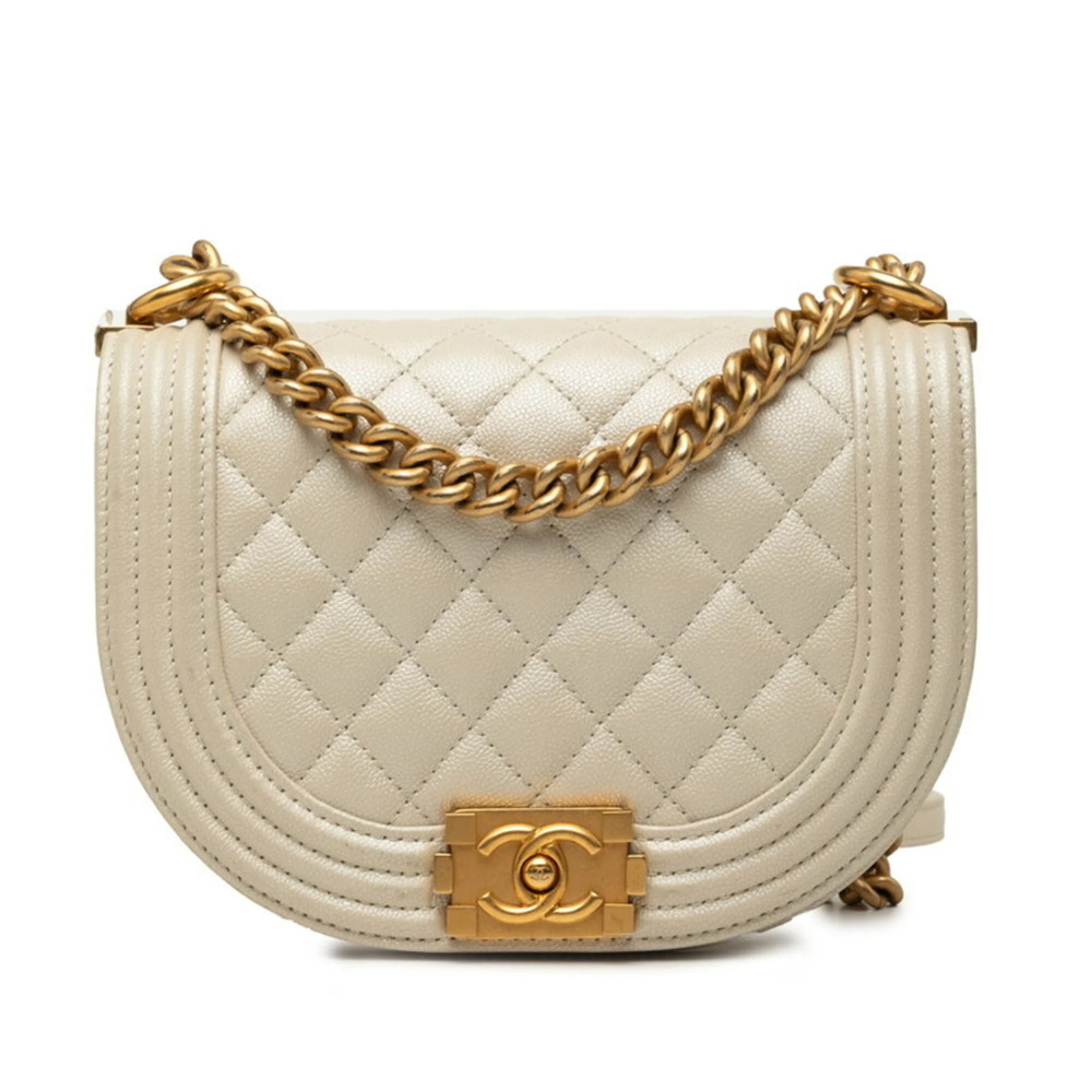 Chanel Coco Mark Boy Chain Shoulder Bag, White/Ivory, Gold Hardware, Caviar L...